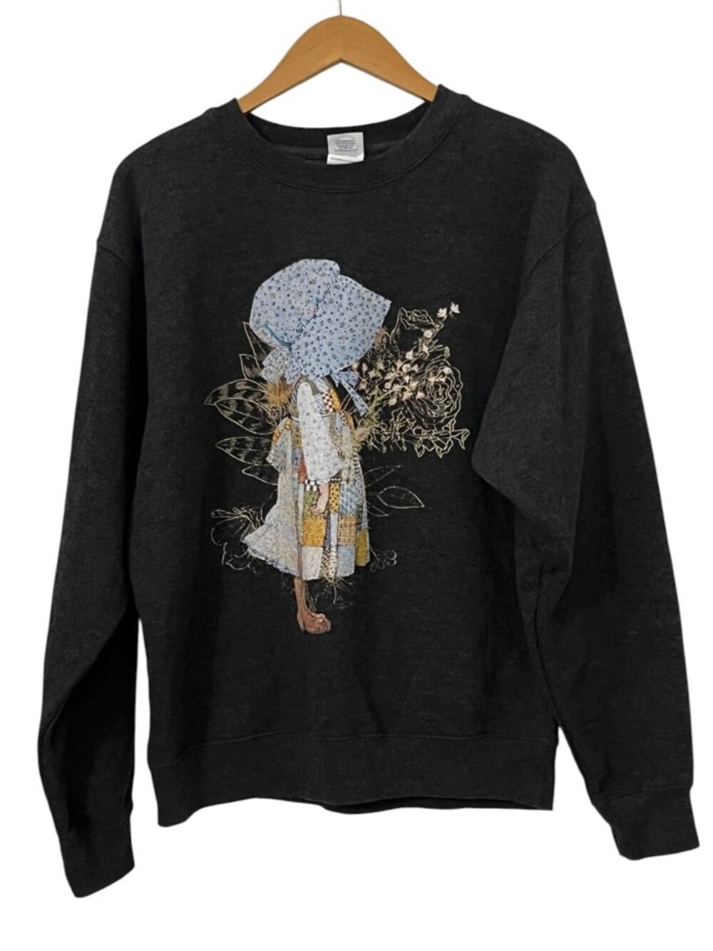Delta Fleece Sweatshirt M Dark Gray Cotton Blend Vintage Folk Art Girl Graphic